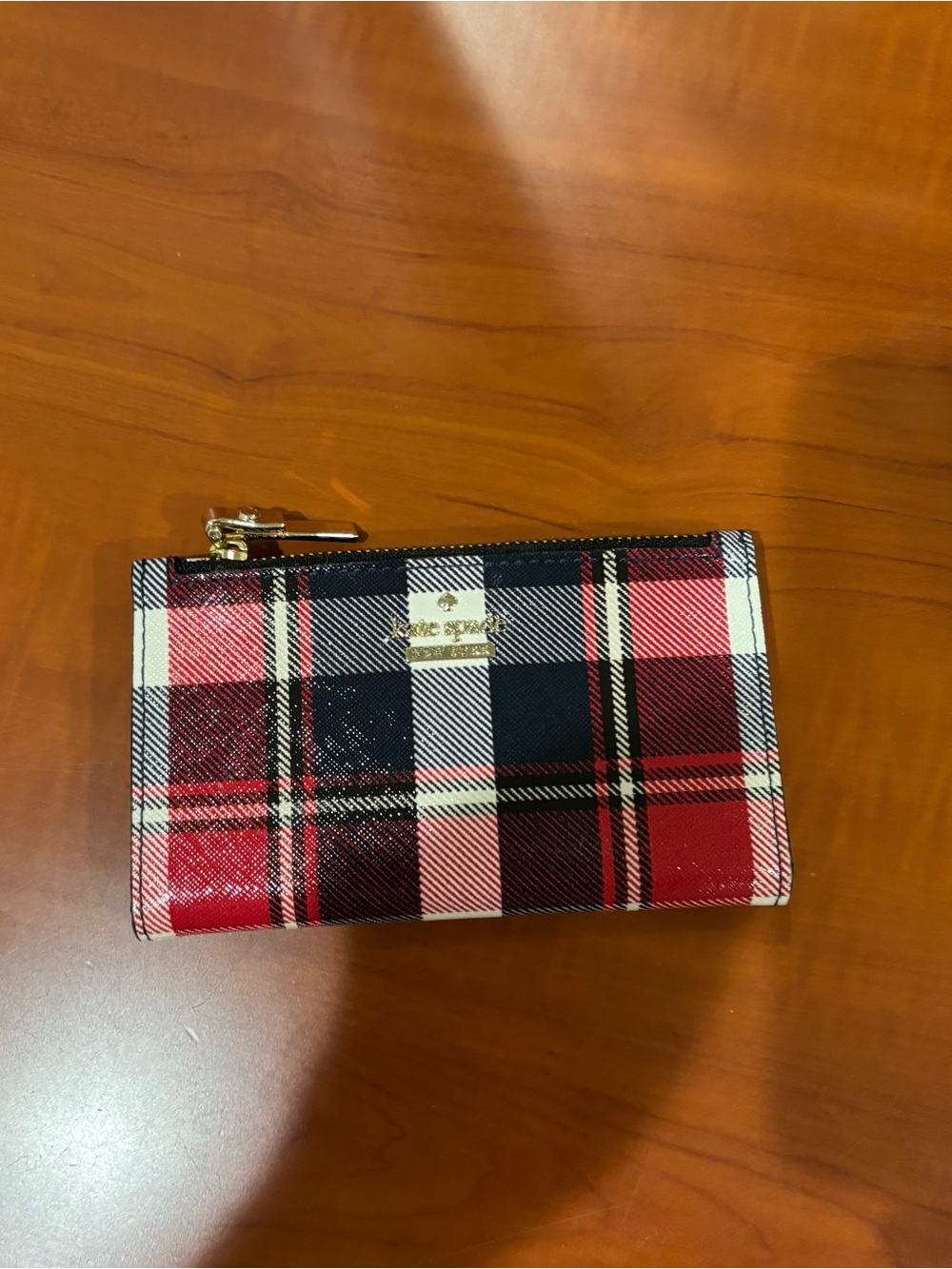 kate spade Red, Black and Cream Plaid Zip Card Wallet